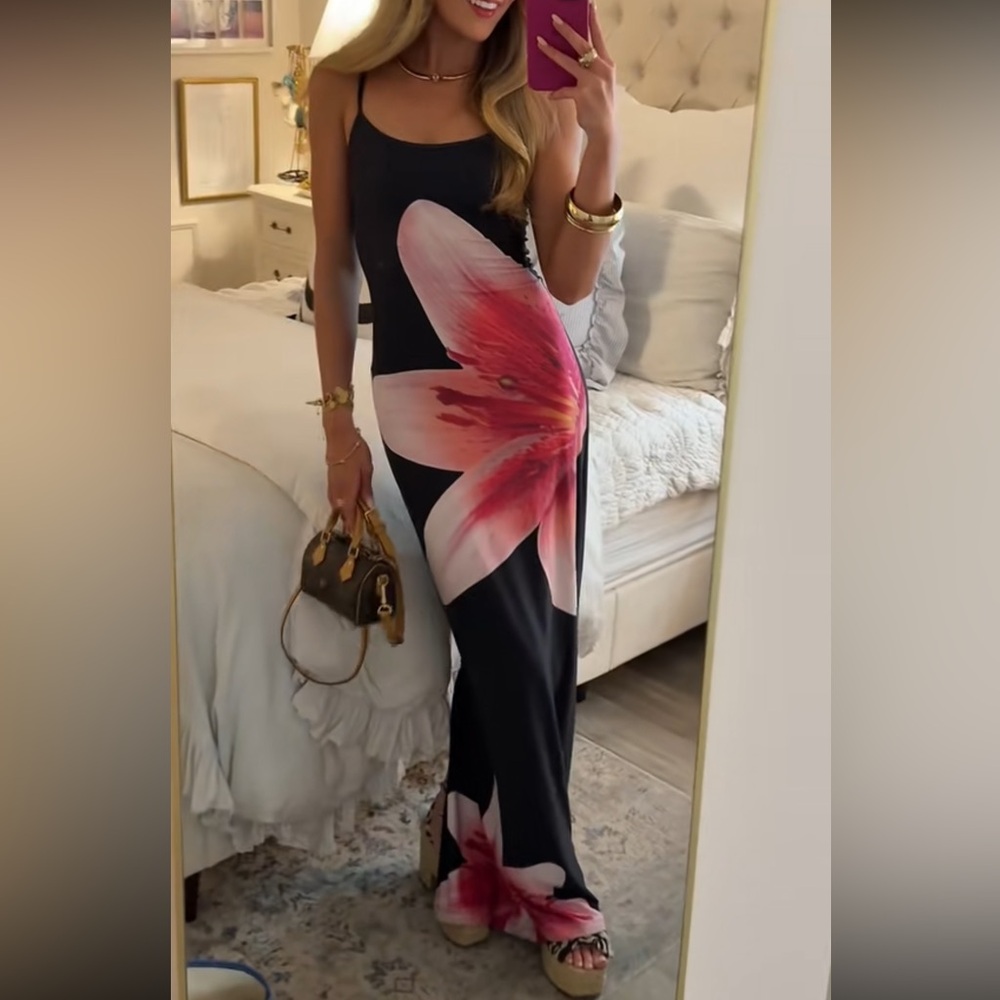 Chic Black Maxi Dress with Pink Floral Print